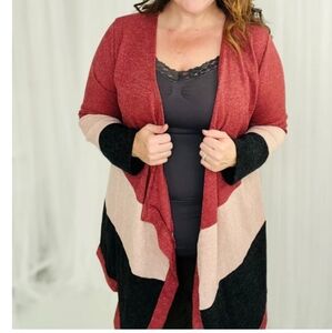 Heimish USA Waterfall Colorblock Burgundy Black Open Front Cardigan NWOT Medium